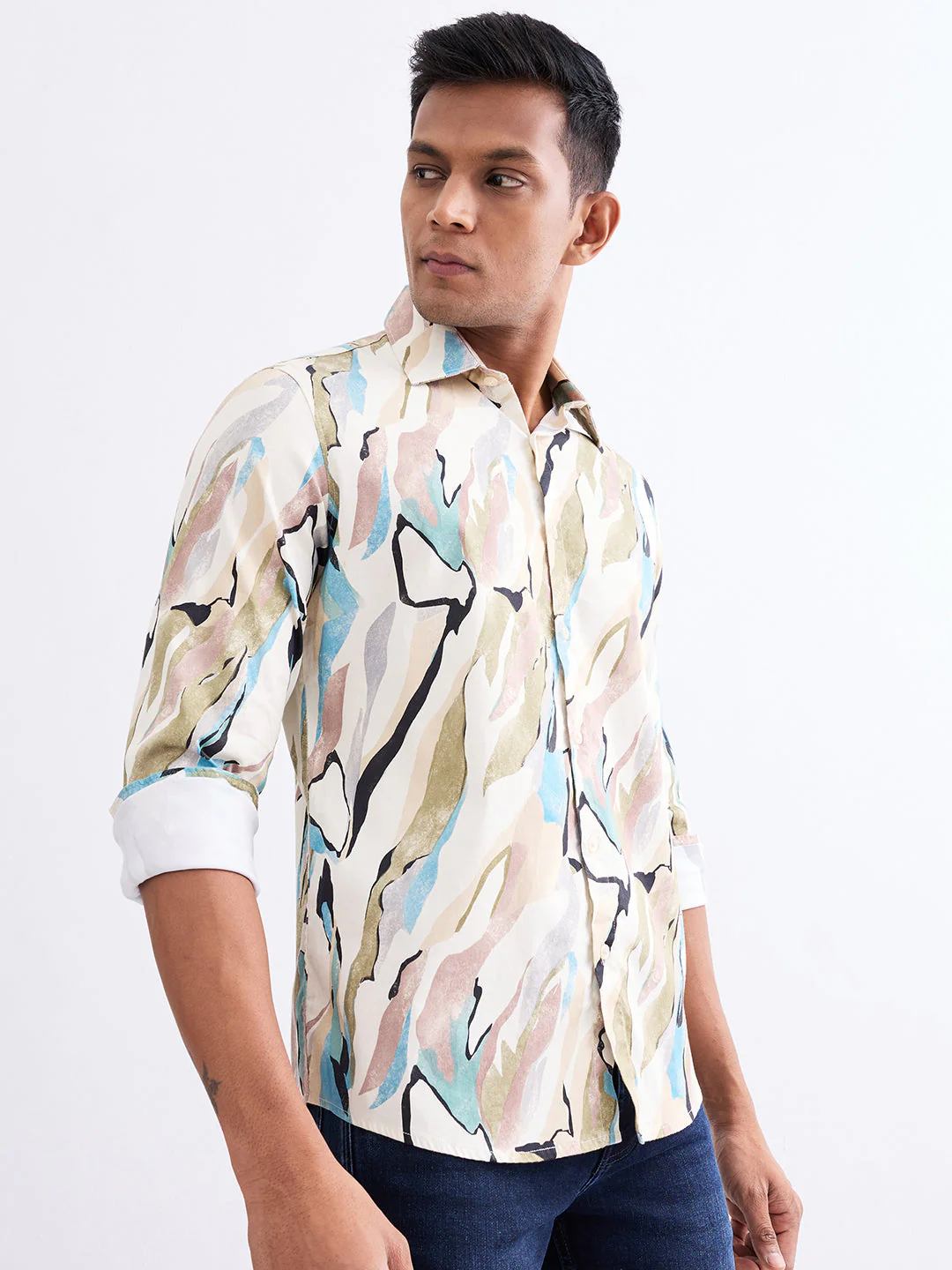 Men Shirt Beige Slim Fit - Image 3