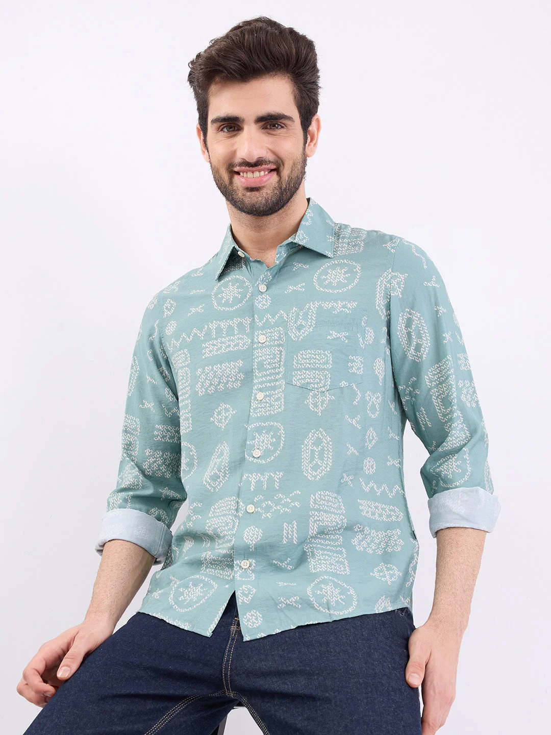 Men Shirt Green Slim Fit - Image 7