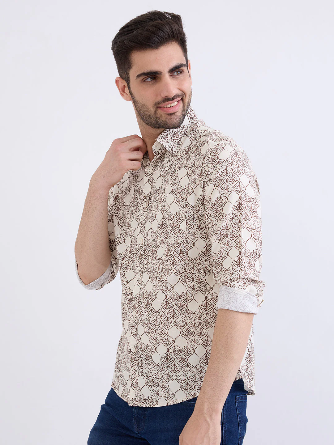 Men Shirt Beige Slim Fit - Image 3