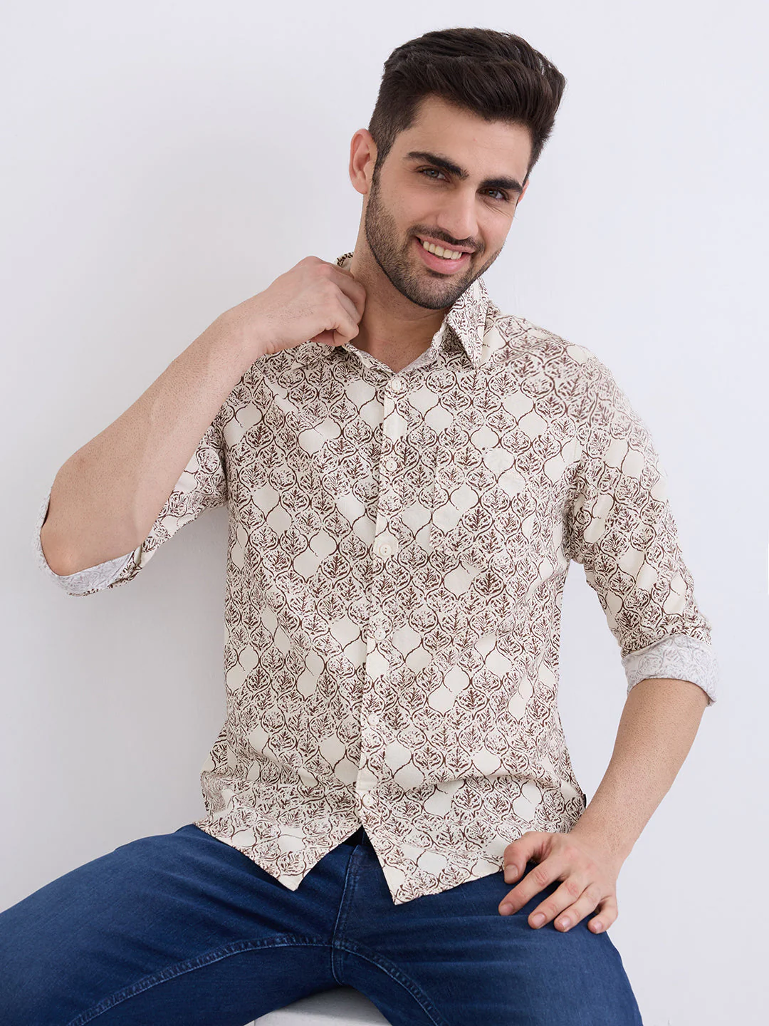 Men Shirt Beige Slim Fit - Image 7