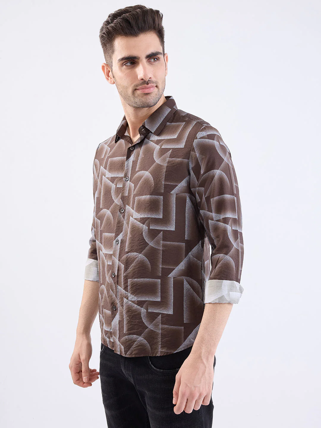 Men Shirt Brown Slim Fit - Image 3