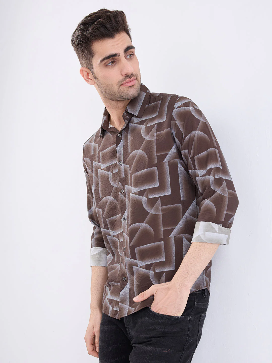 Men Shirt Brown Slim Fit - Image 7
