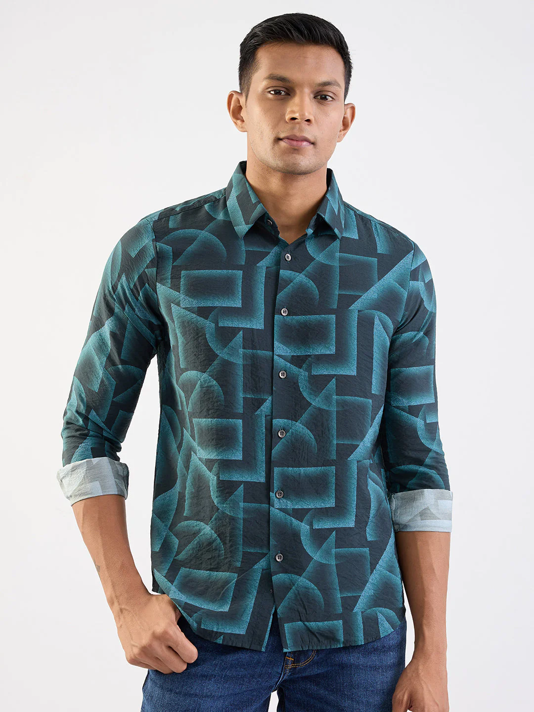 Men Shirt Green Slim Fit - Image 2