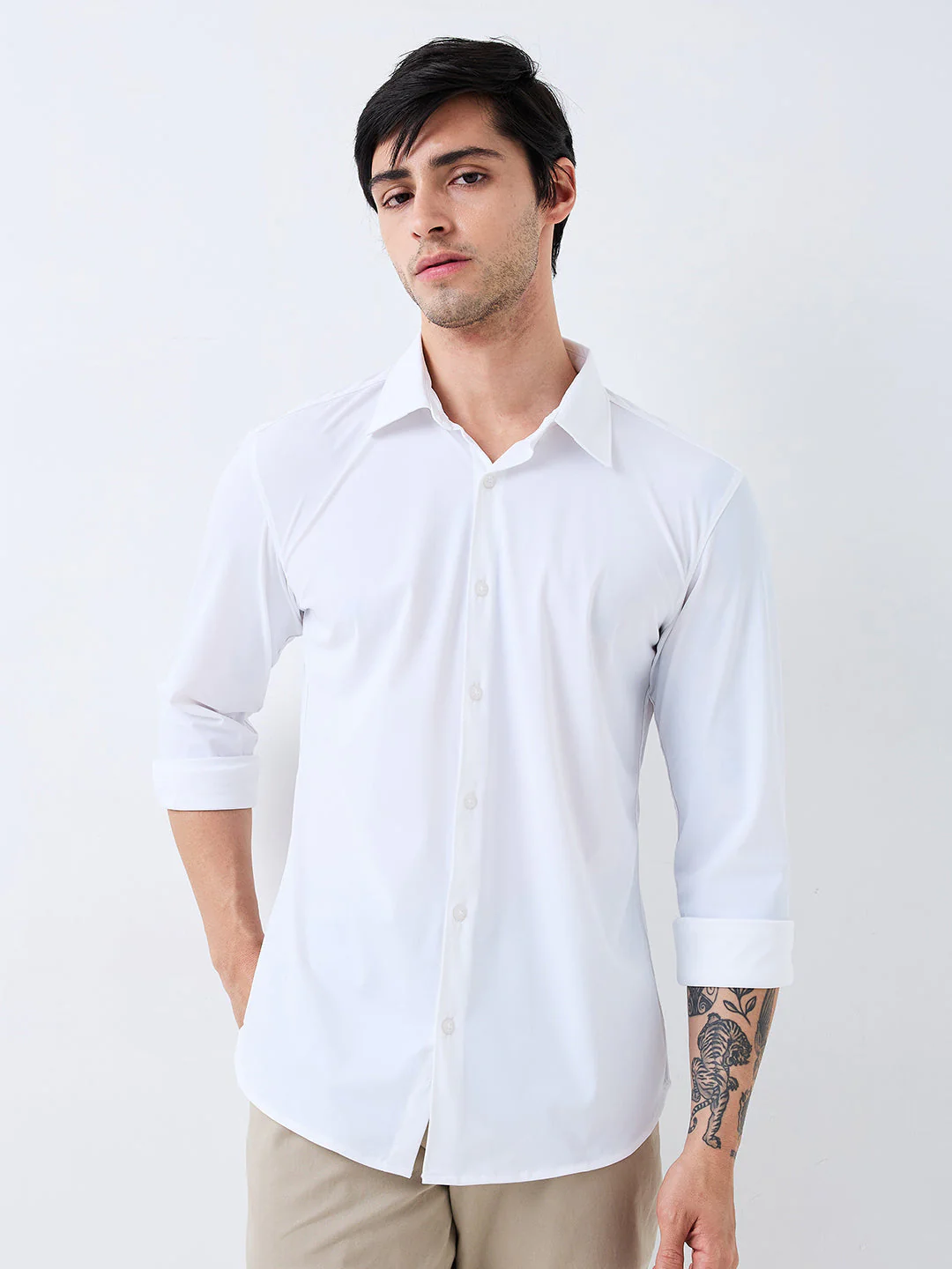 Men Shirt Solid White Slim Fit - Image 2