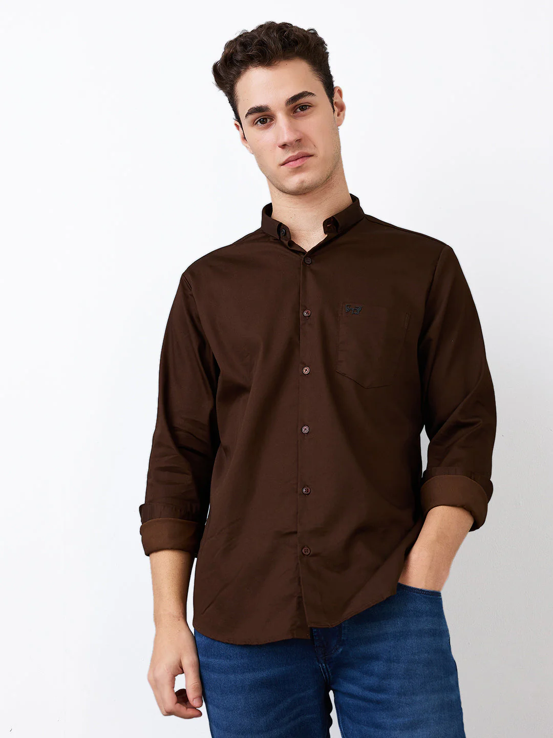 Men Shirt Solid Brown Slim Fit - Image 2
