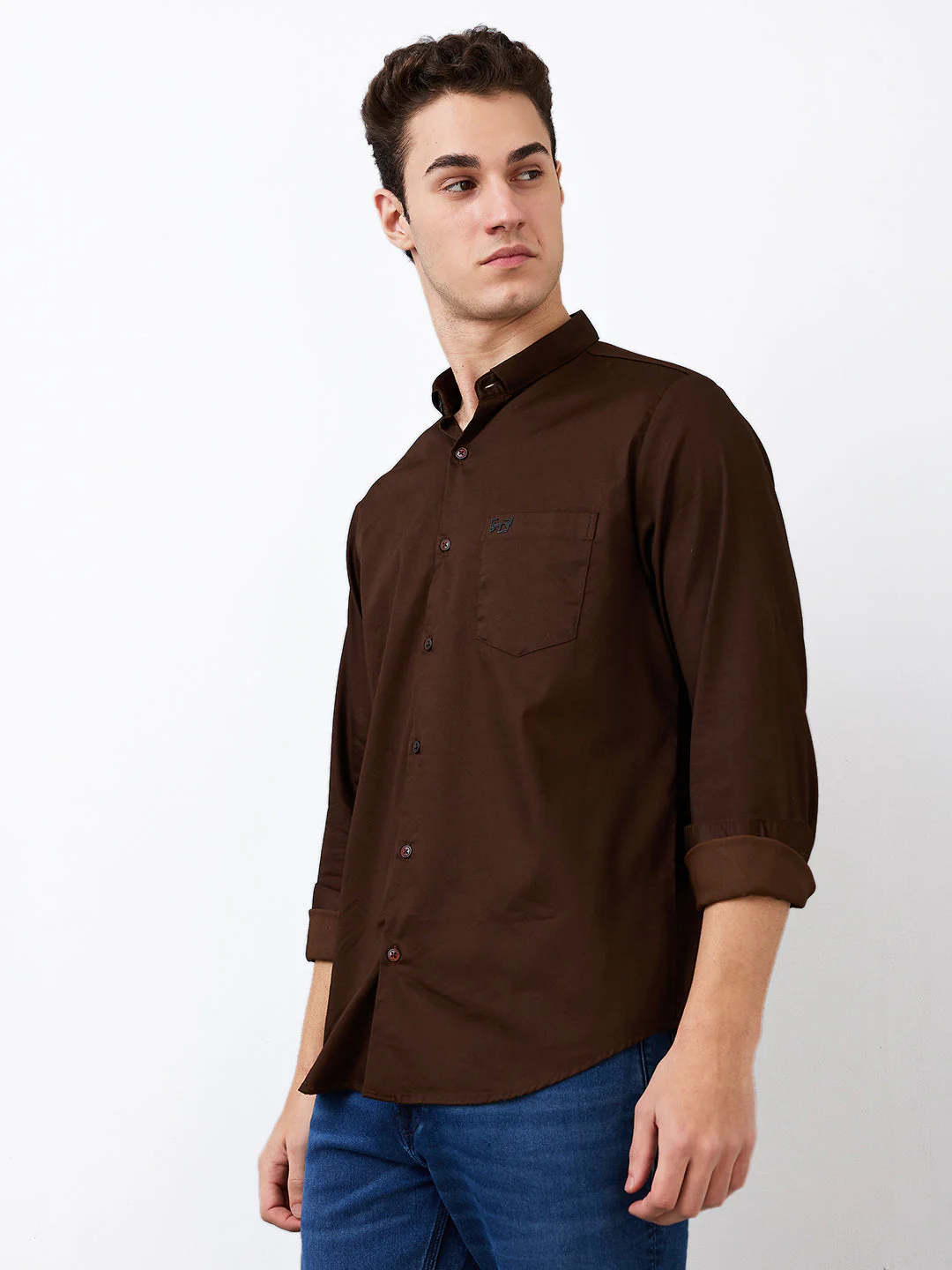 Men Shirt Solid Brown Slim Fit - Image 3