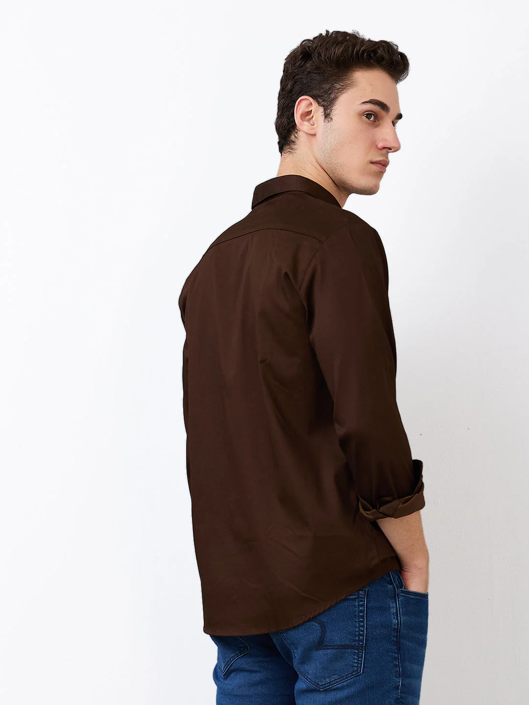 Men Shirt Solid Brown Slim Fit - Image 4