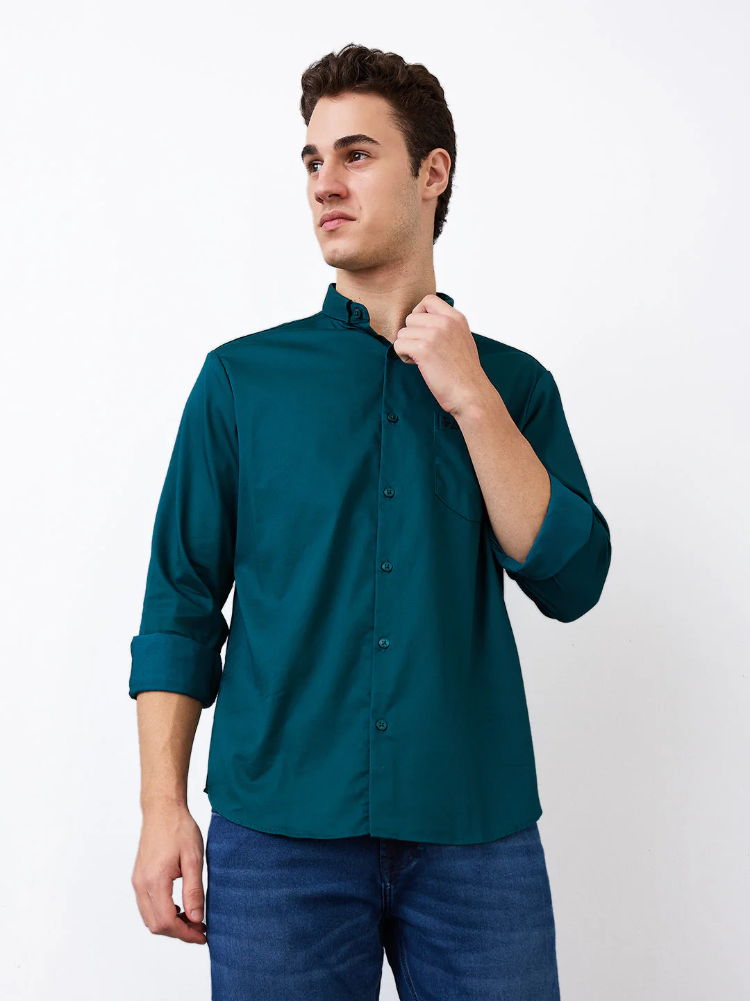 Men Shirt Solid Green Slim Fit - Image 2