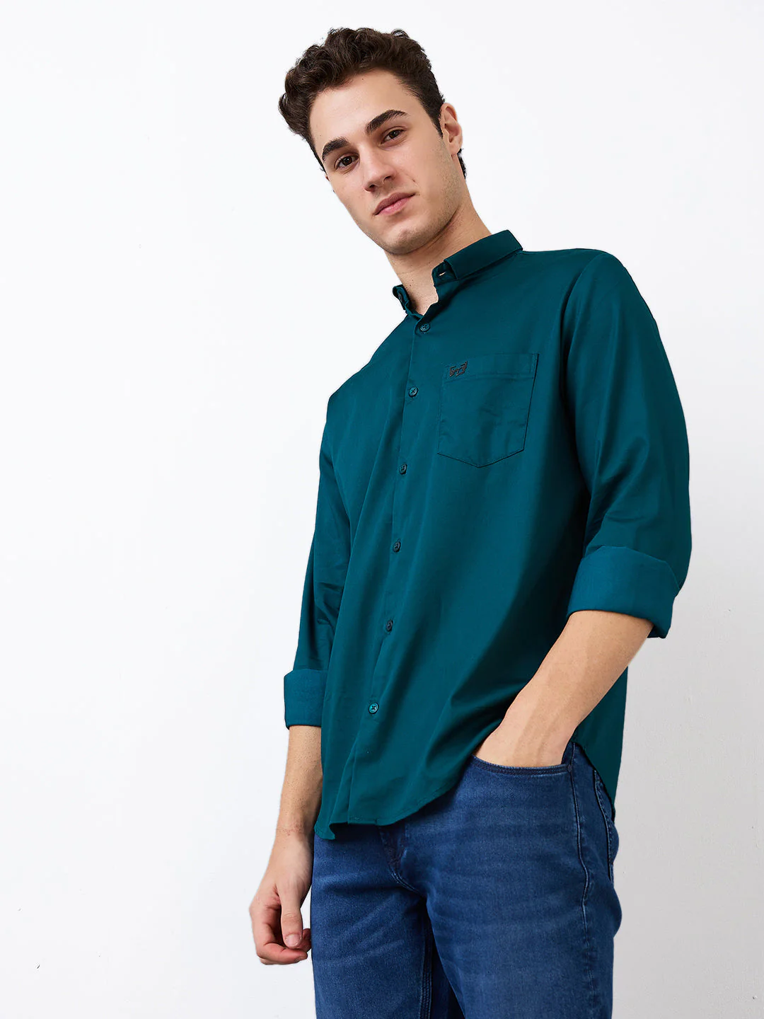 Men Shirt Solid Green Slim Fit - Image 3