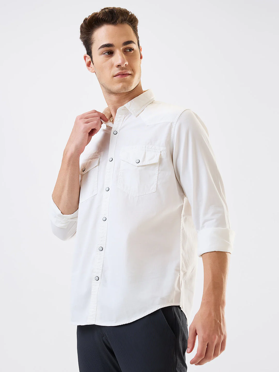Men Shirt Solid White Slim Fit - Image 4