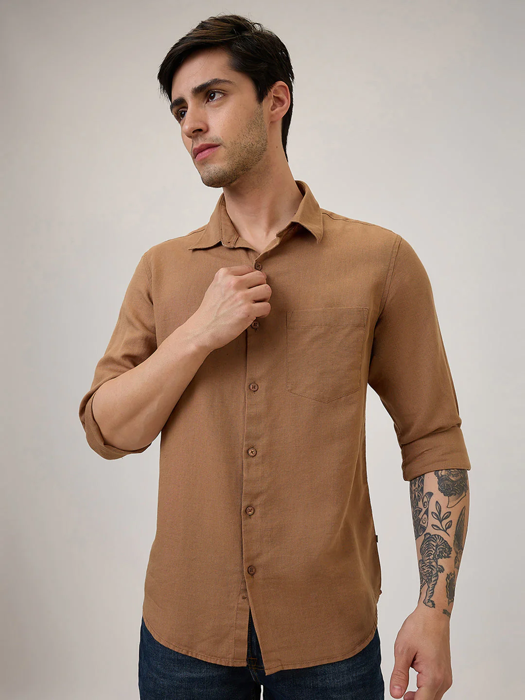 Men Slim Fit Brown Solid Casual Shirt