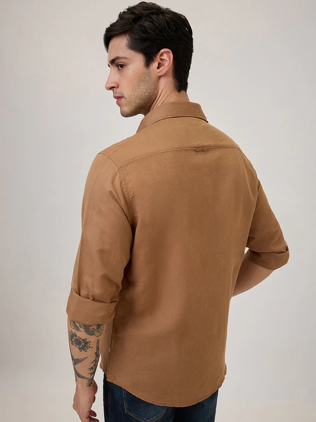 Men Slim Fit Brown Solid Casual Shirt - Image 4