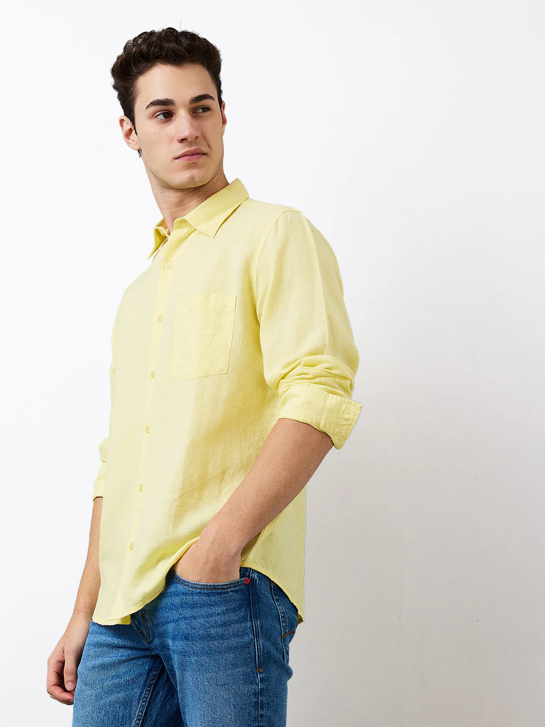 Men Yellow Slim Fit Solid Full Sleeve Shirt - Image 3