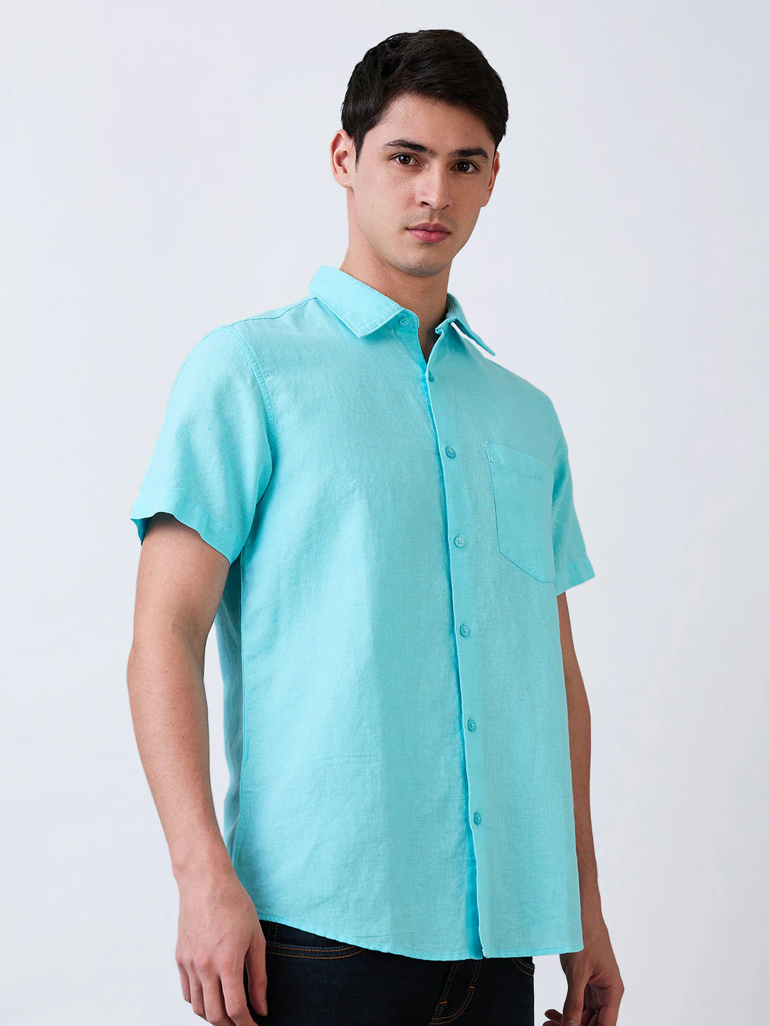 Men Blue Slim Fit Solid Half Sleeve Shirt - Image 2