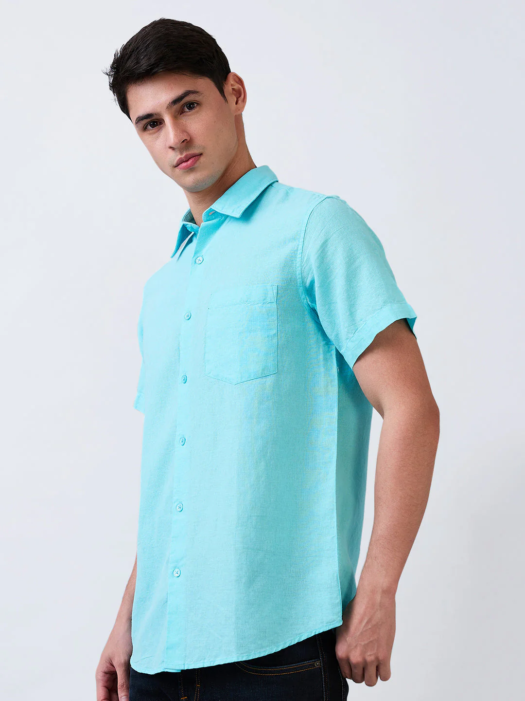 Men Blue Slim Fit Solid Half Sleeve Shirt - Image 3