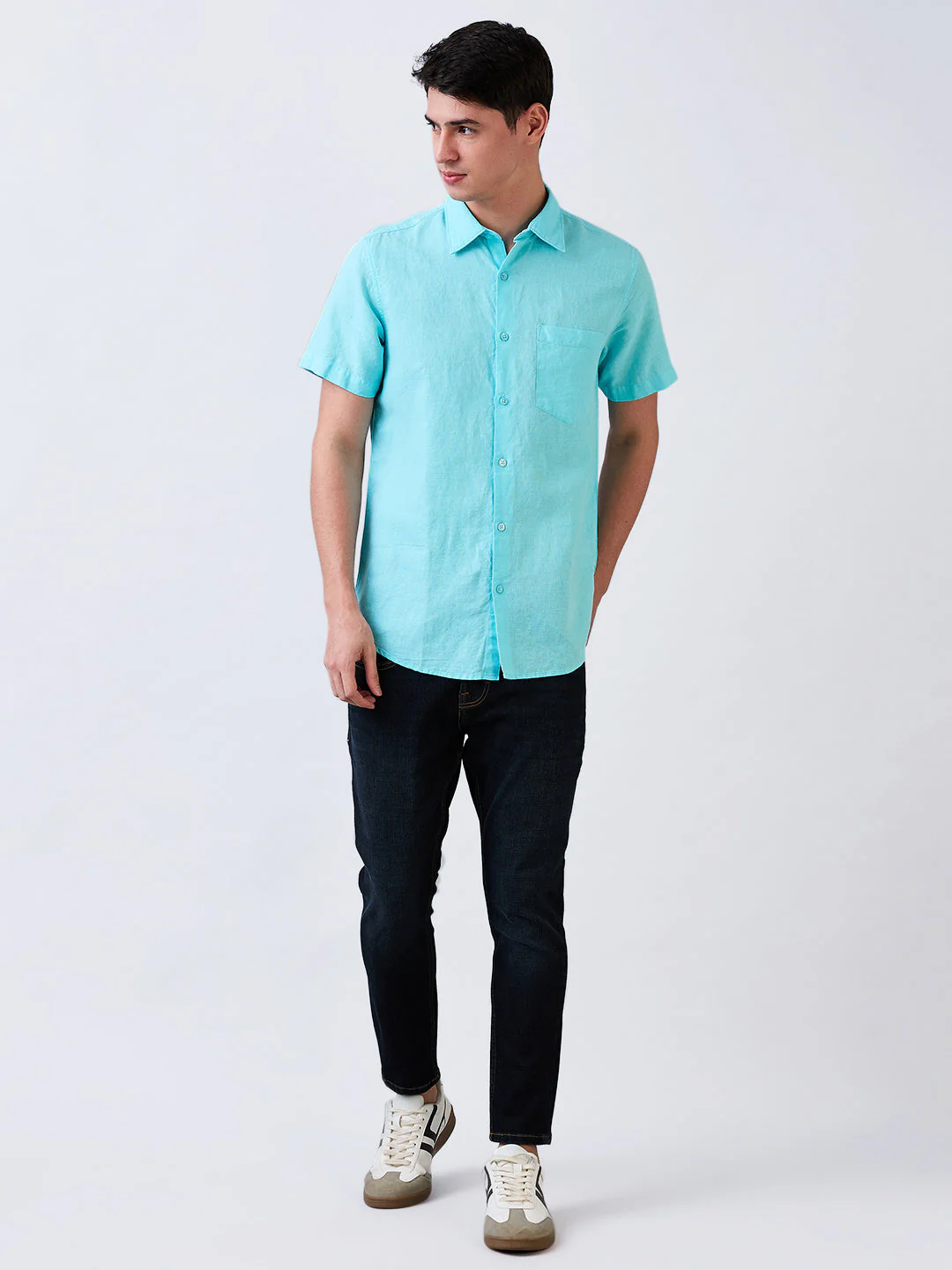 Men Blue Slim Fit Solid Half Sleeve Shirt - Image 5
