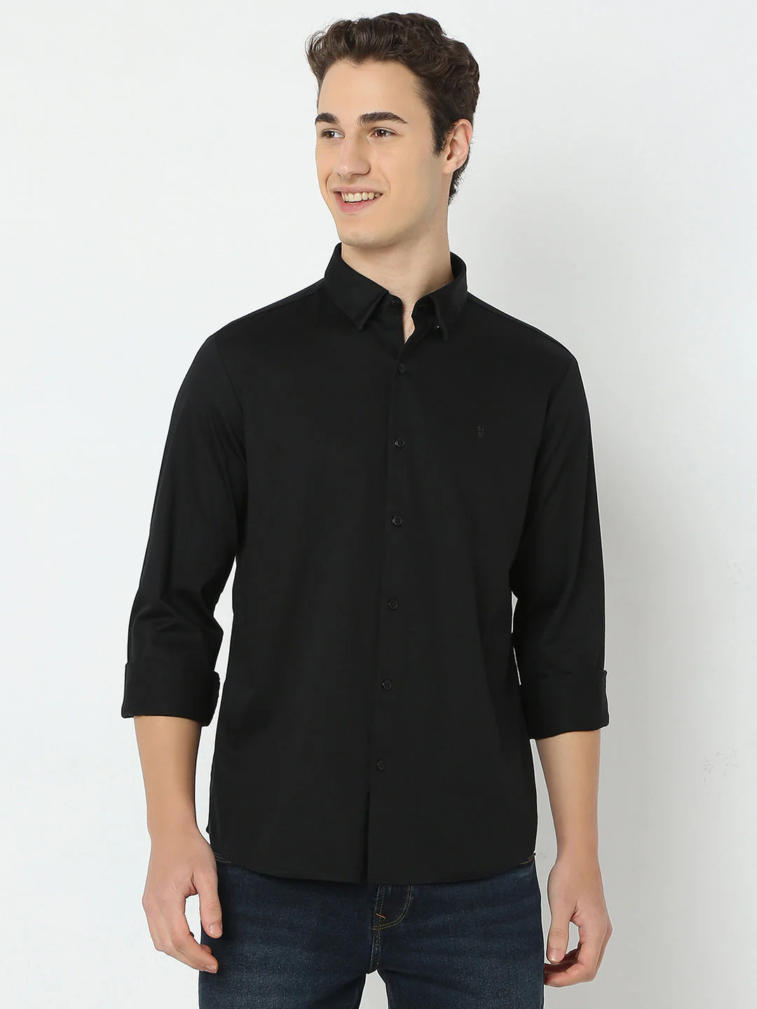 Men Shirt Solid Black Slim Fit - Image 2