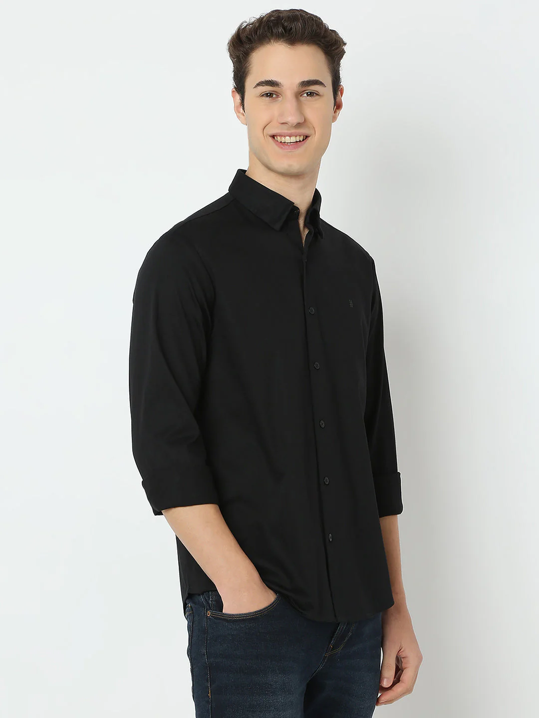 Men Shirt Solid Black Slim Fit - Image 3