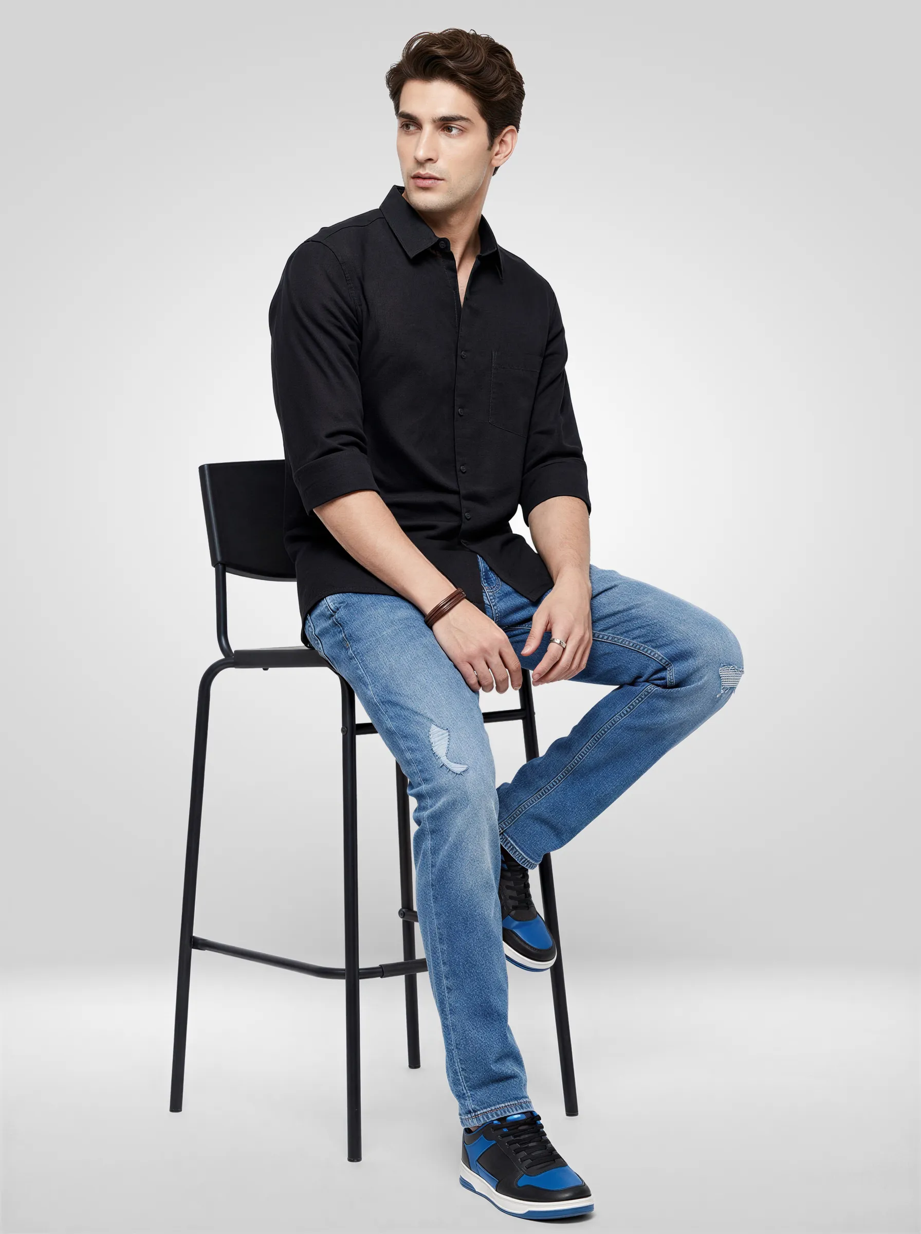 Men Shirt Solid Black Regular Fit - Image 2