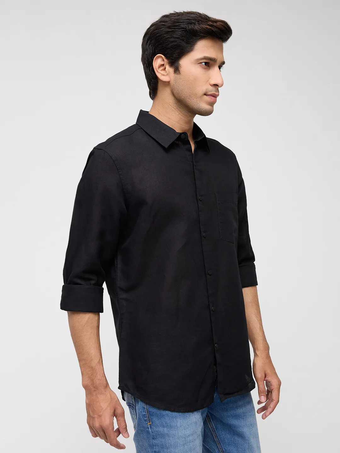 Men Shirt Solid Black Regular Fit - Image 3