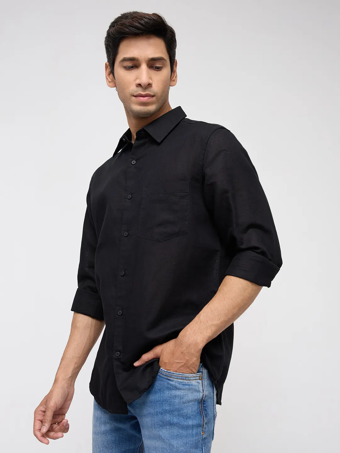 Men Shirt Solid Black Regular Fit - Image 4