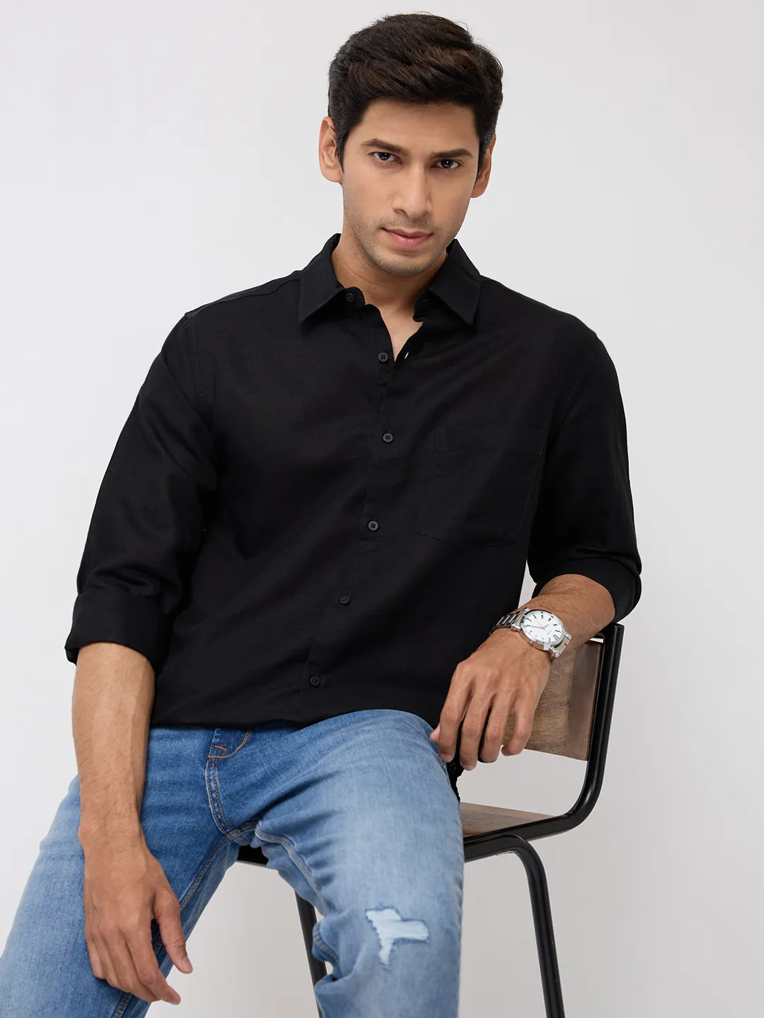 Men Shirt Solid Black Regular Fit - Image 7