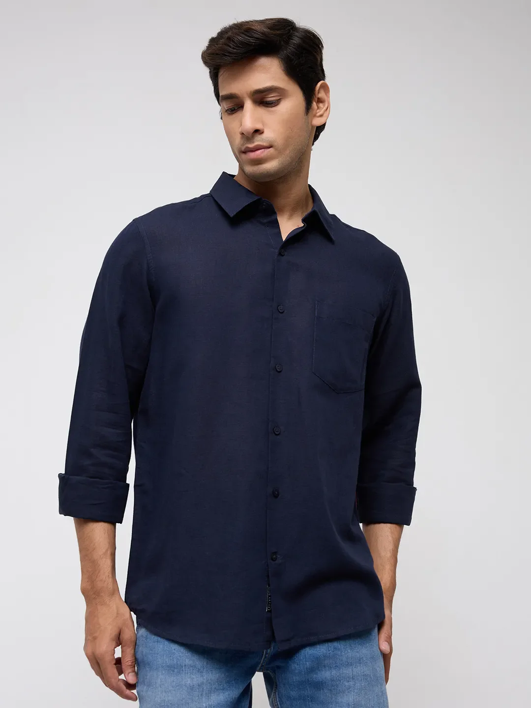 Men Shirt Solid Navy Blue Regular Fit