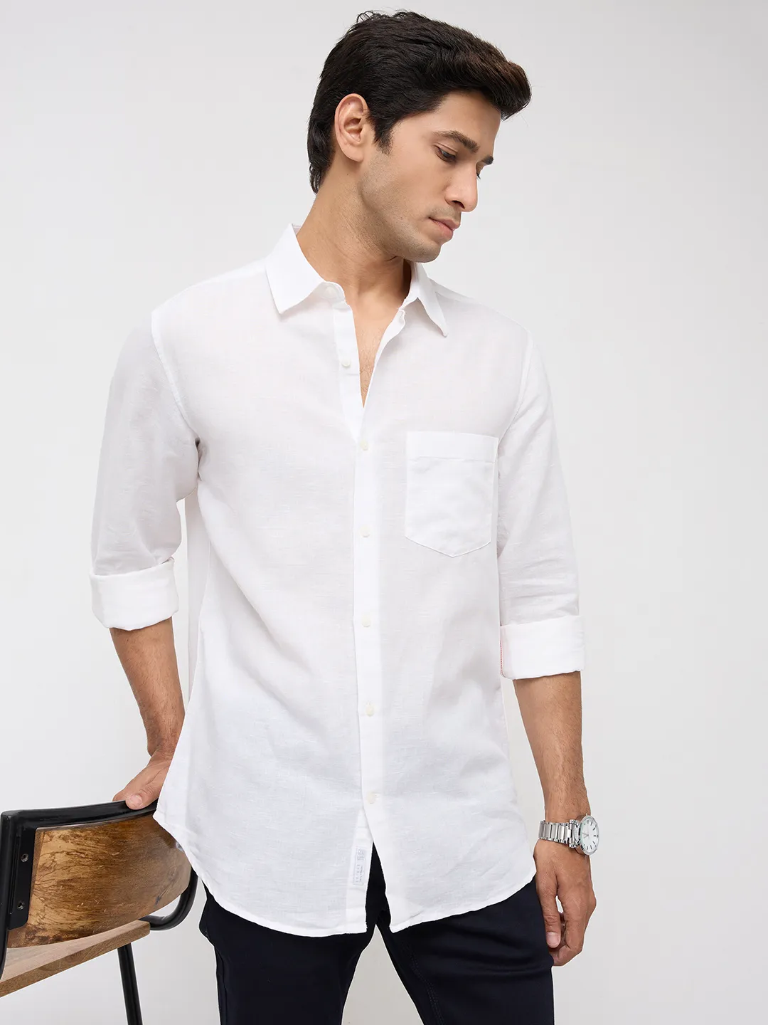 Men Shirt Solid White Regular Fit - Image 7