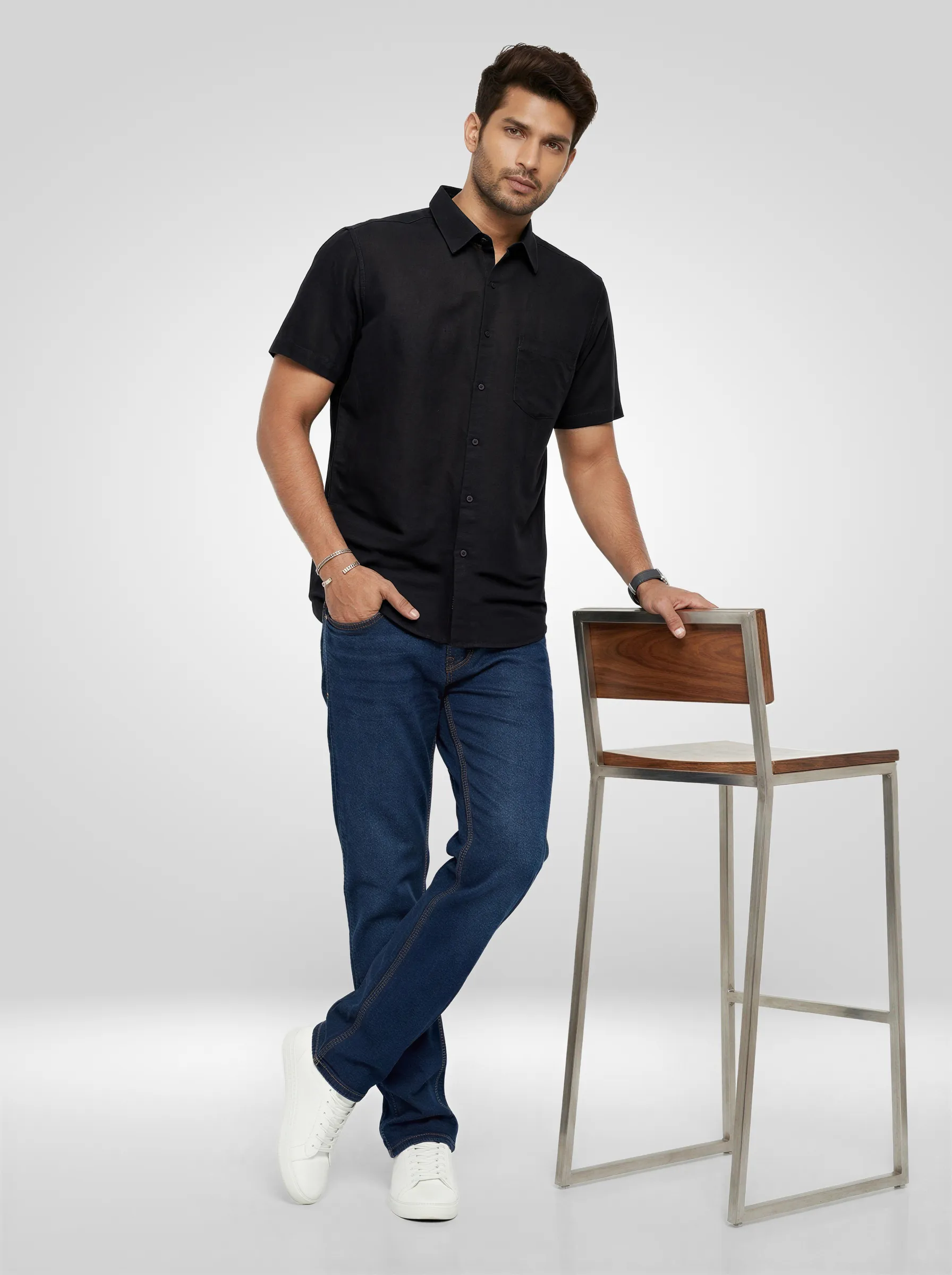 Men Shirt Solid Black Regular Fit - Image 2