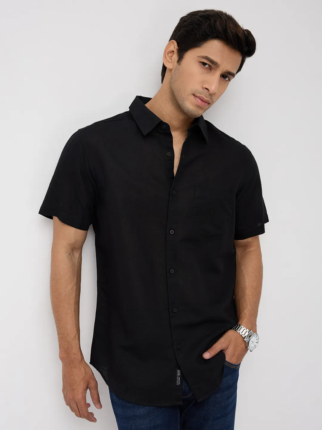 Men Shirt Solid Black Regular Fit - Image 7