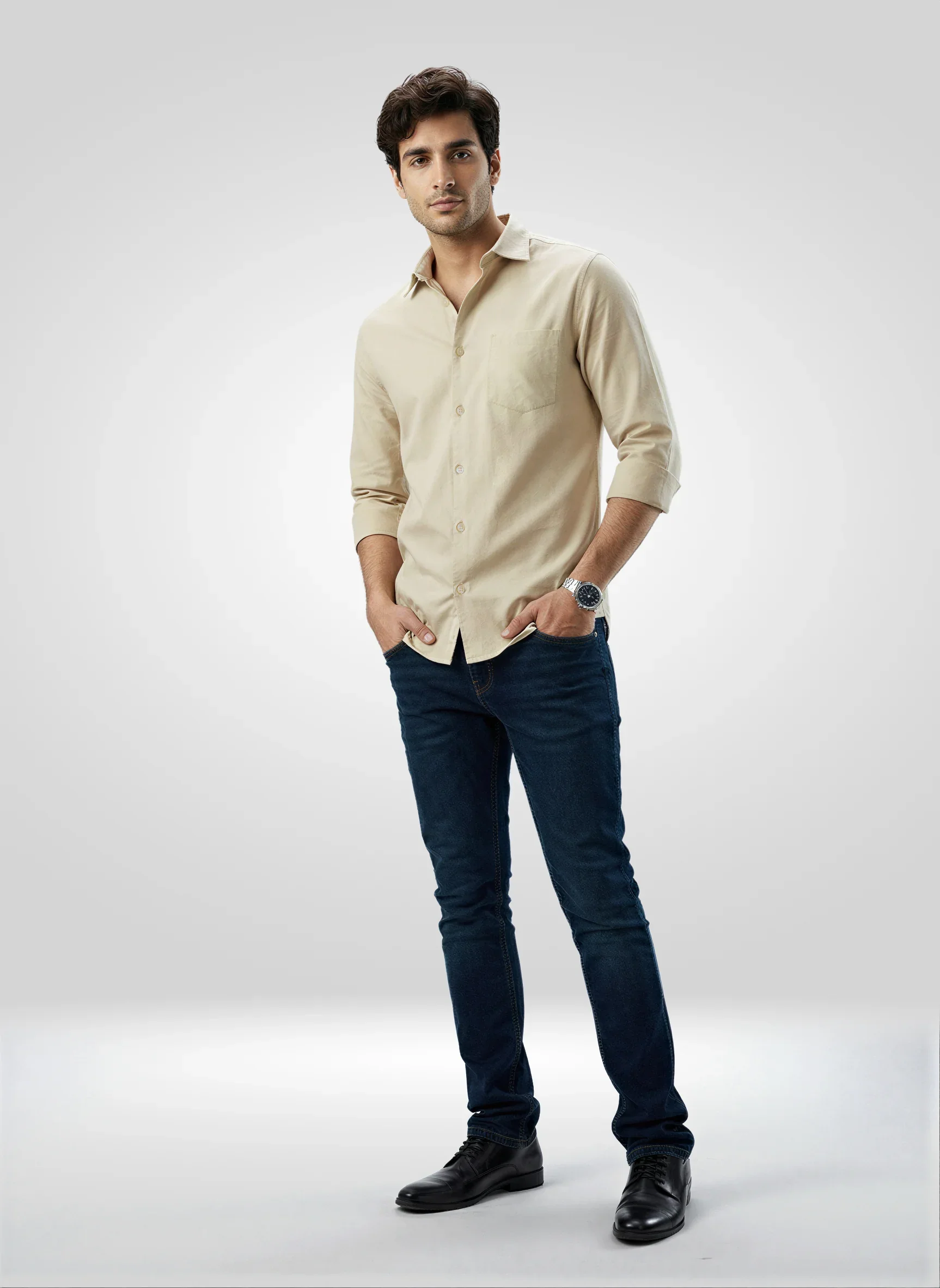 Men Shirt Solid Beige Regular Fit - Image 2