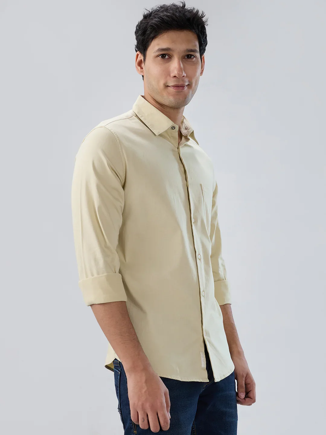 Men Shirt Solid Beige Regular Fit - Image 3