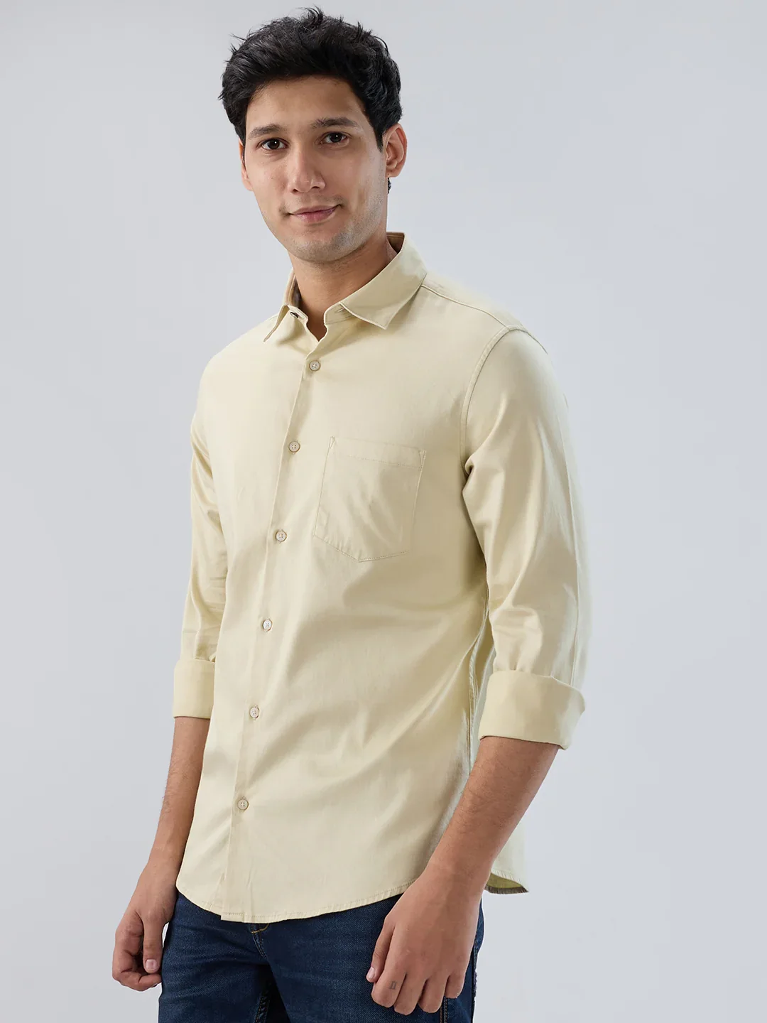 Men Shirt Solid Beige Regular Fit - Image 5