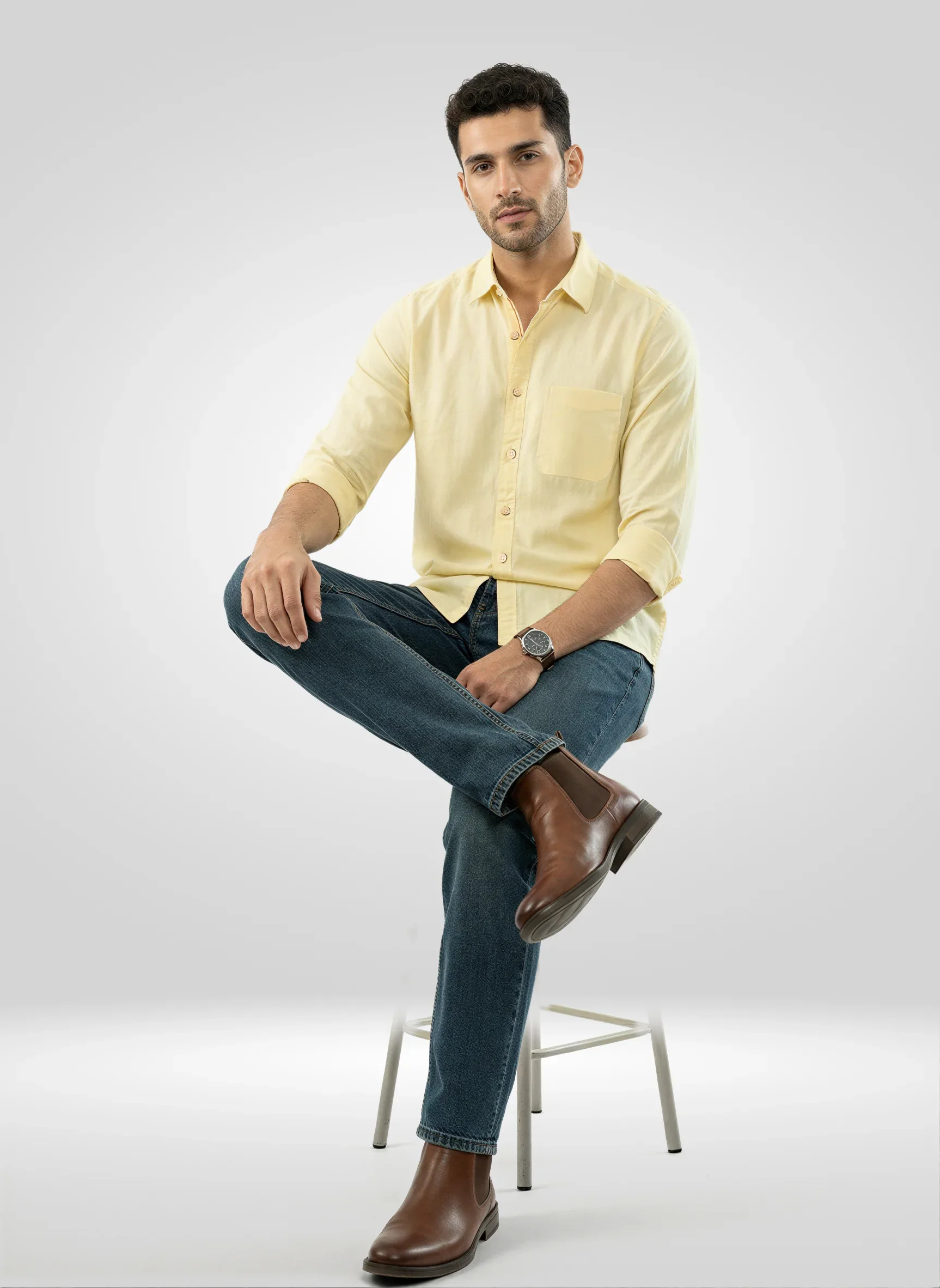 Men Shirt Solid Yellow Regular Fit - Image 2
