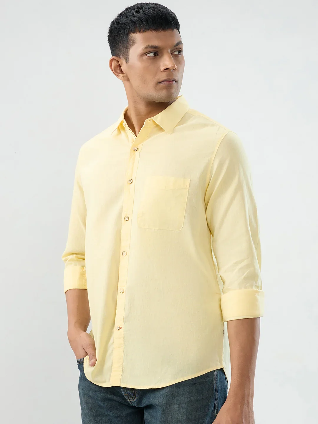 Men Shirt Solid Yellow Regular Fit - Image 5