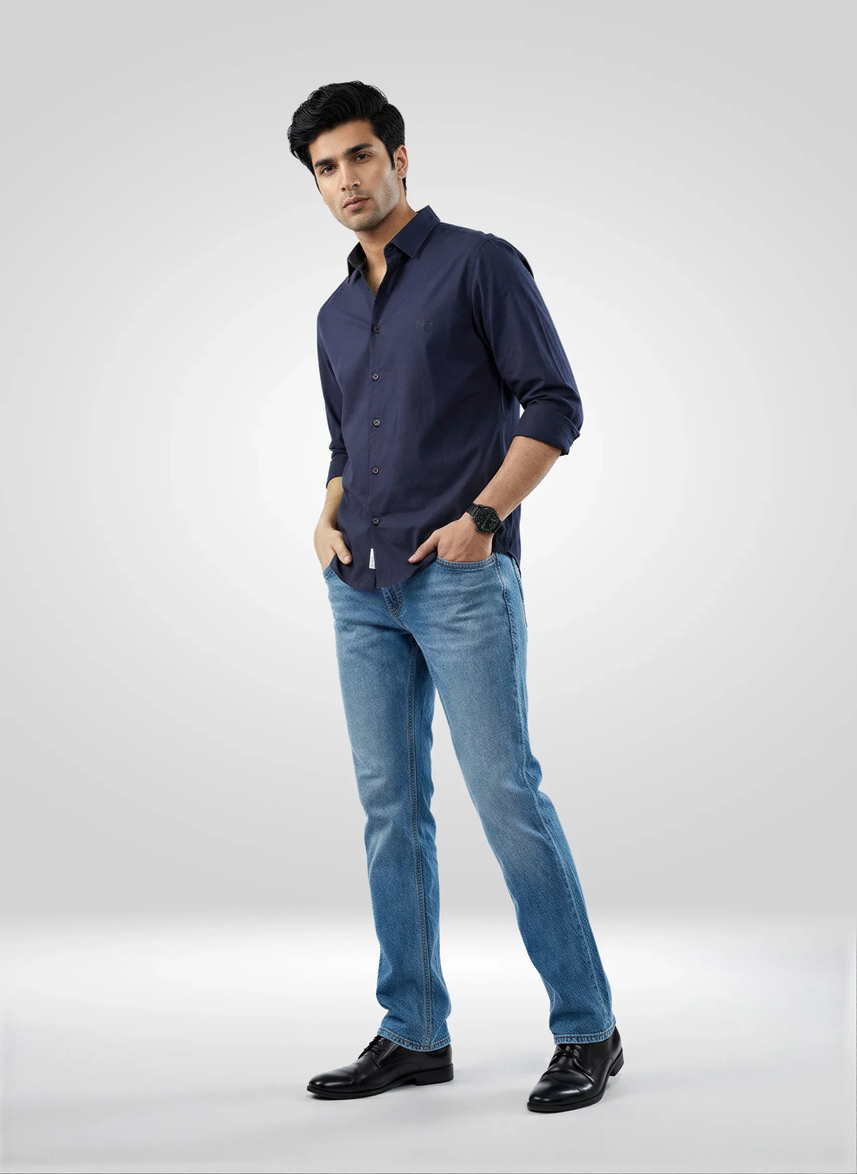 Men Shirt Solid Navy Blue Regular Fit - Image 2