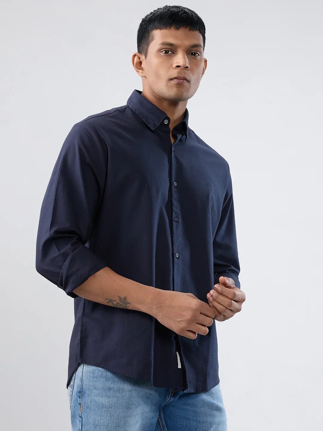 Men Shirt Solid Navy Blue Regular Fit - Image 3
