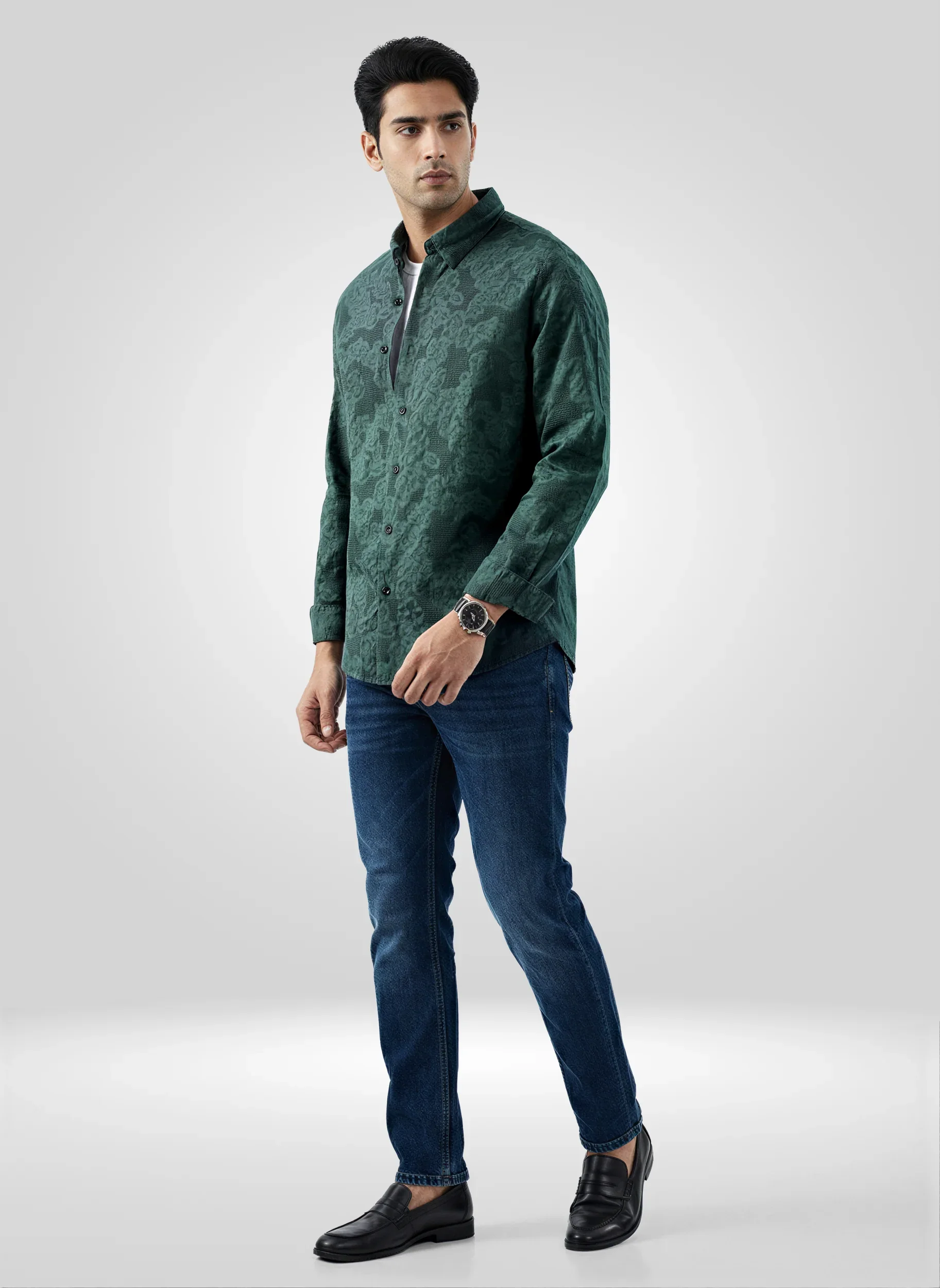 Men Shirt Solid Green Regular Fit - Image 2