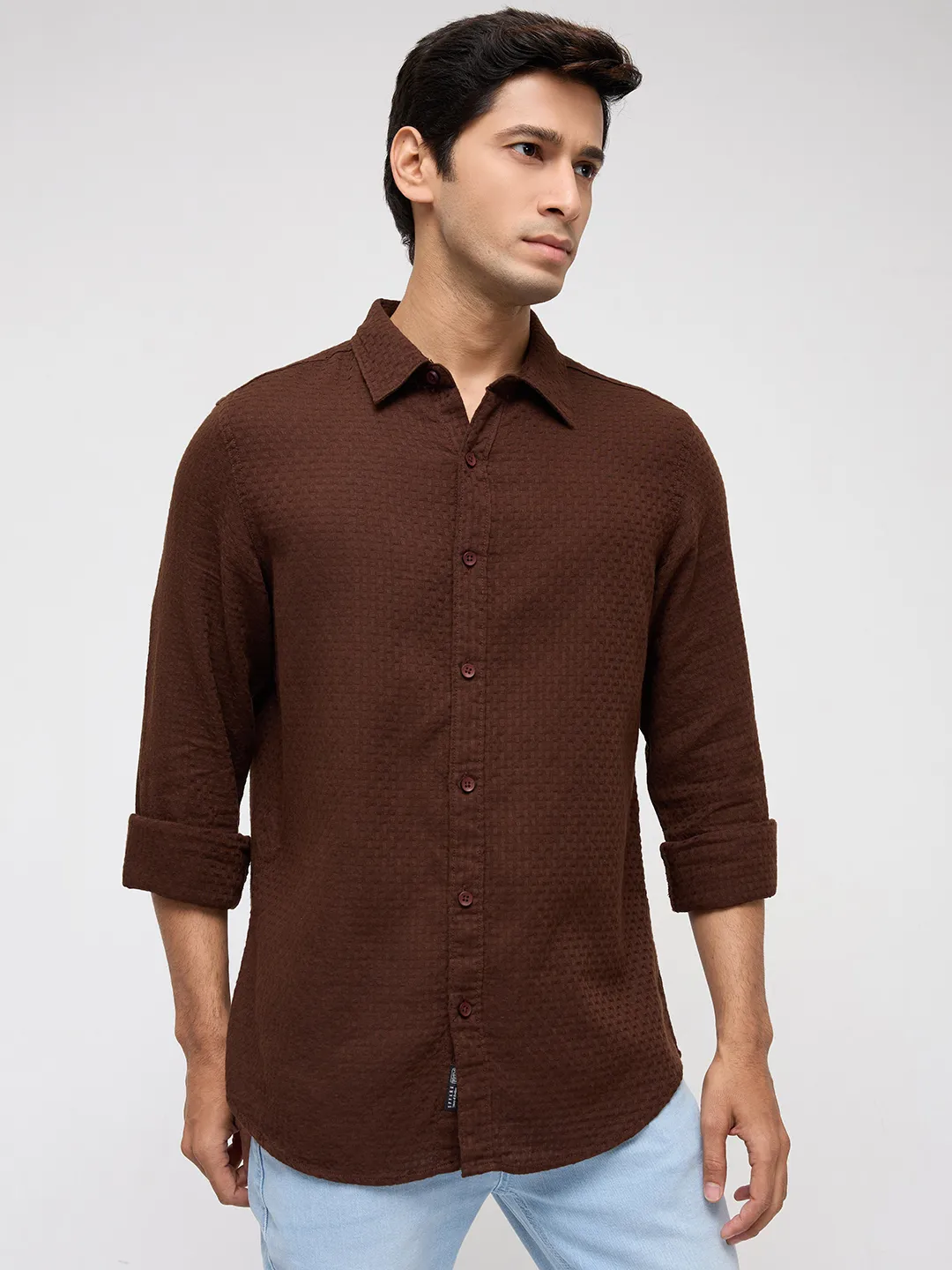 Men Shirt Solid Brown Regular Fit