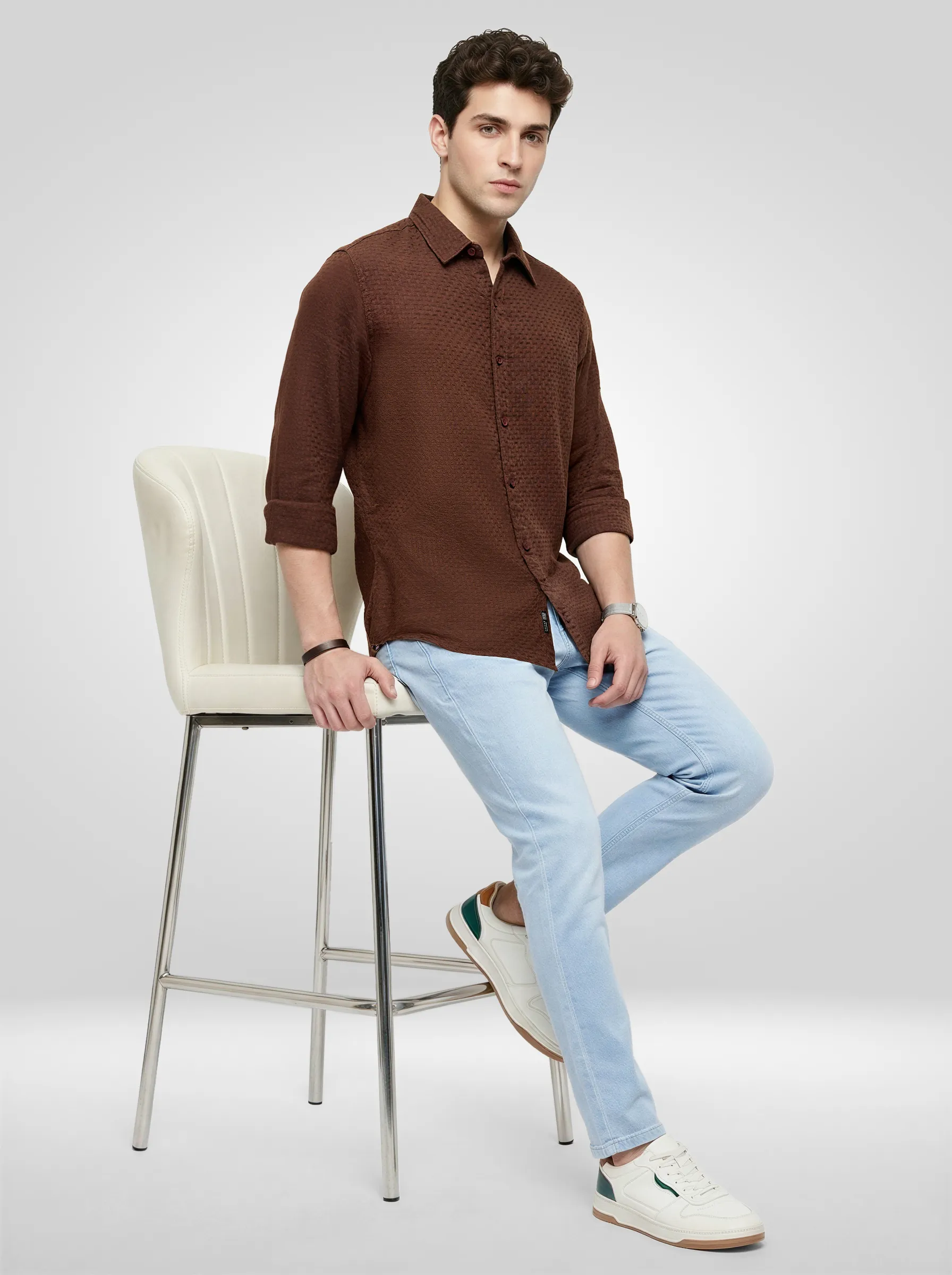 Men Shirt Solid Brown Regular Fit - Image 2