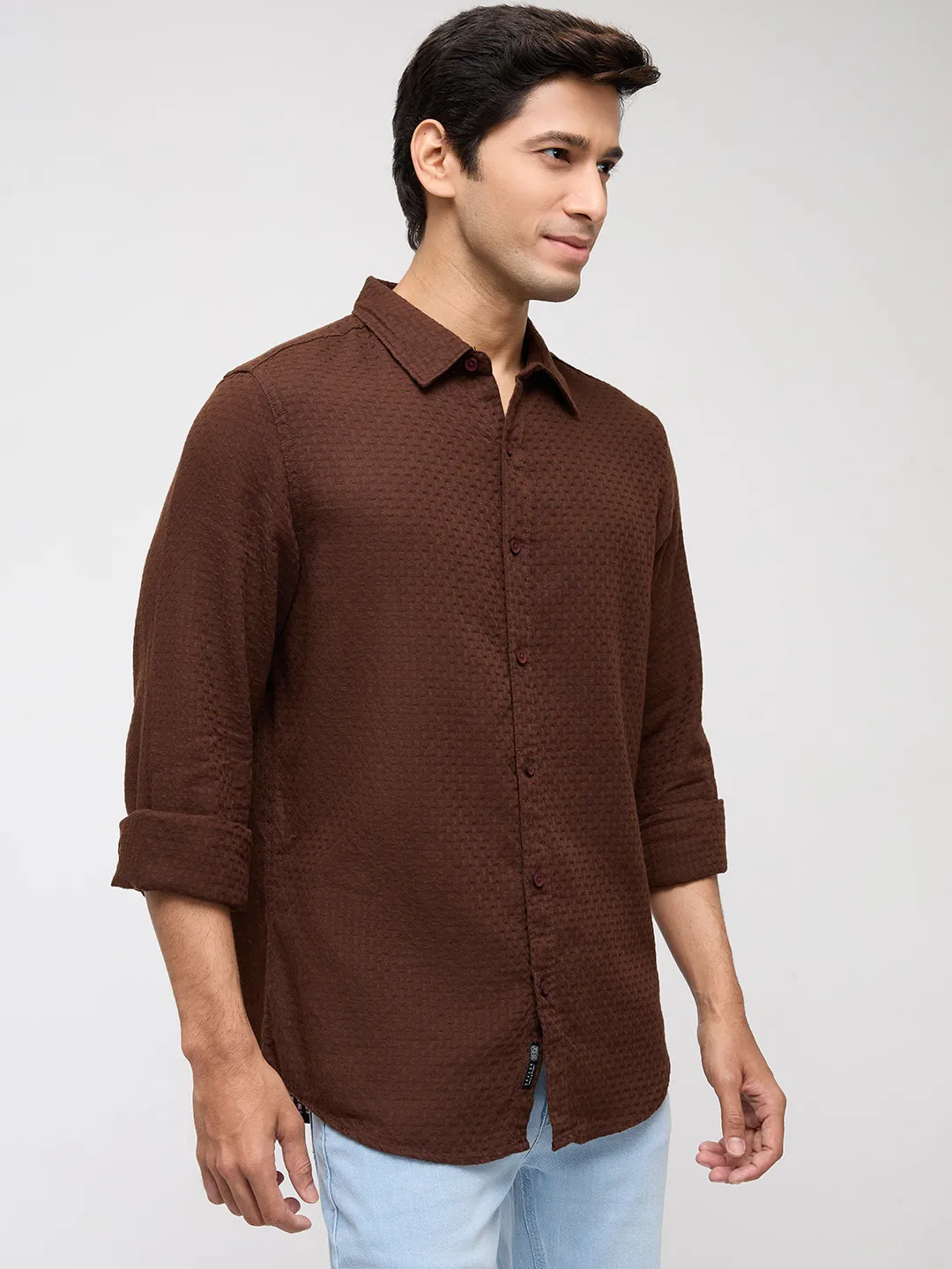 Men Shirt Solid Brown Regular Fit - Image 3