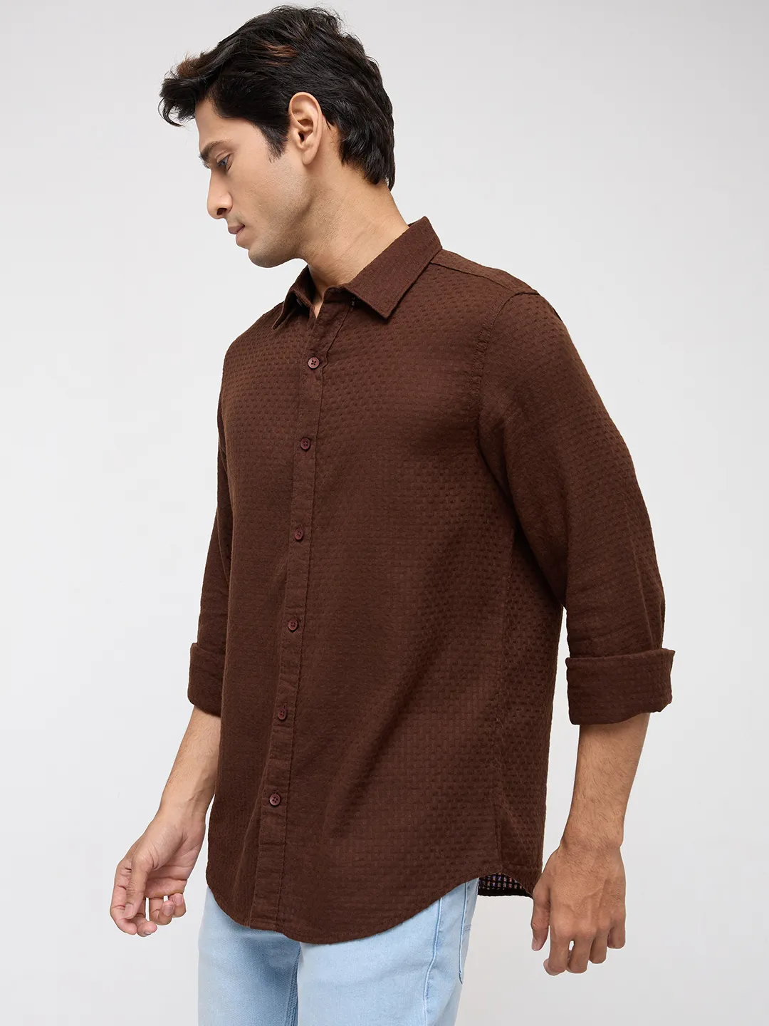 Men Shirt Solid Brown Regular Fit - Image 4