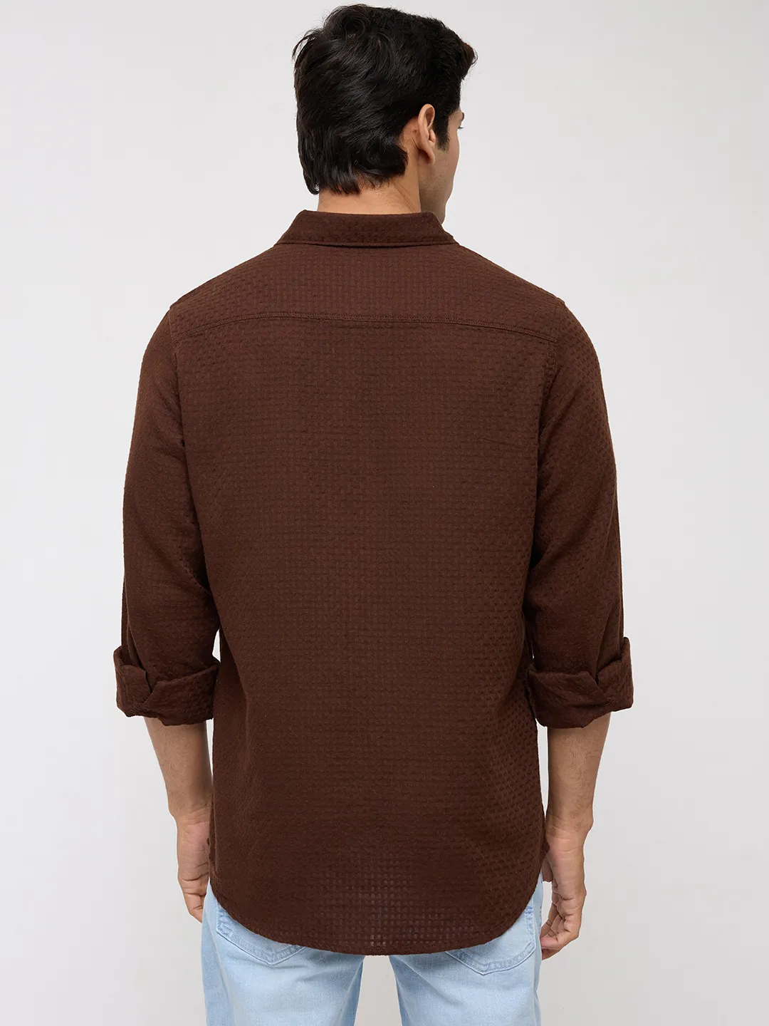 Men Shirt Solid Brown Regular Fit - Image 5