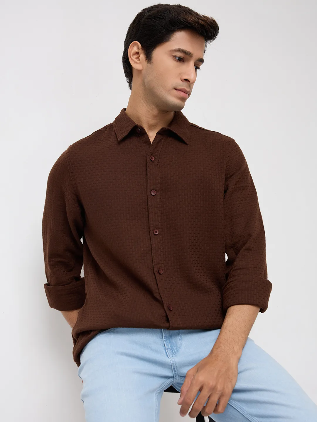 Men Shirt Solid Brown Regular Fit - Image 7