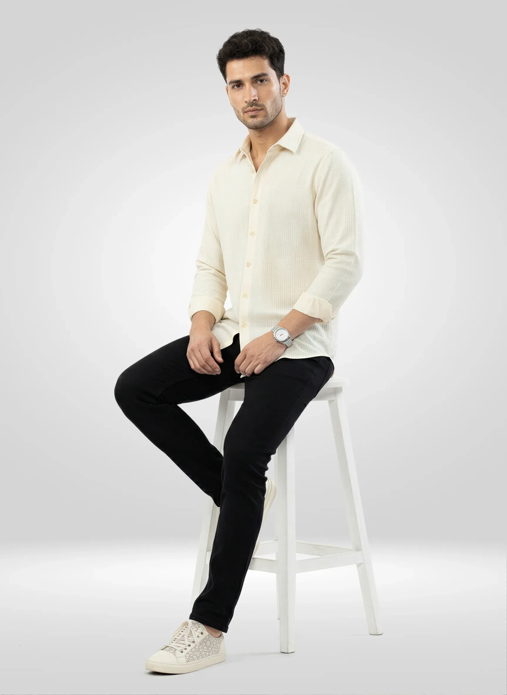 Men Shirt Solid Off White Regular Fit - Image 2