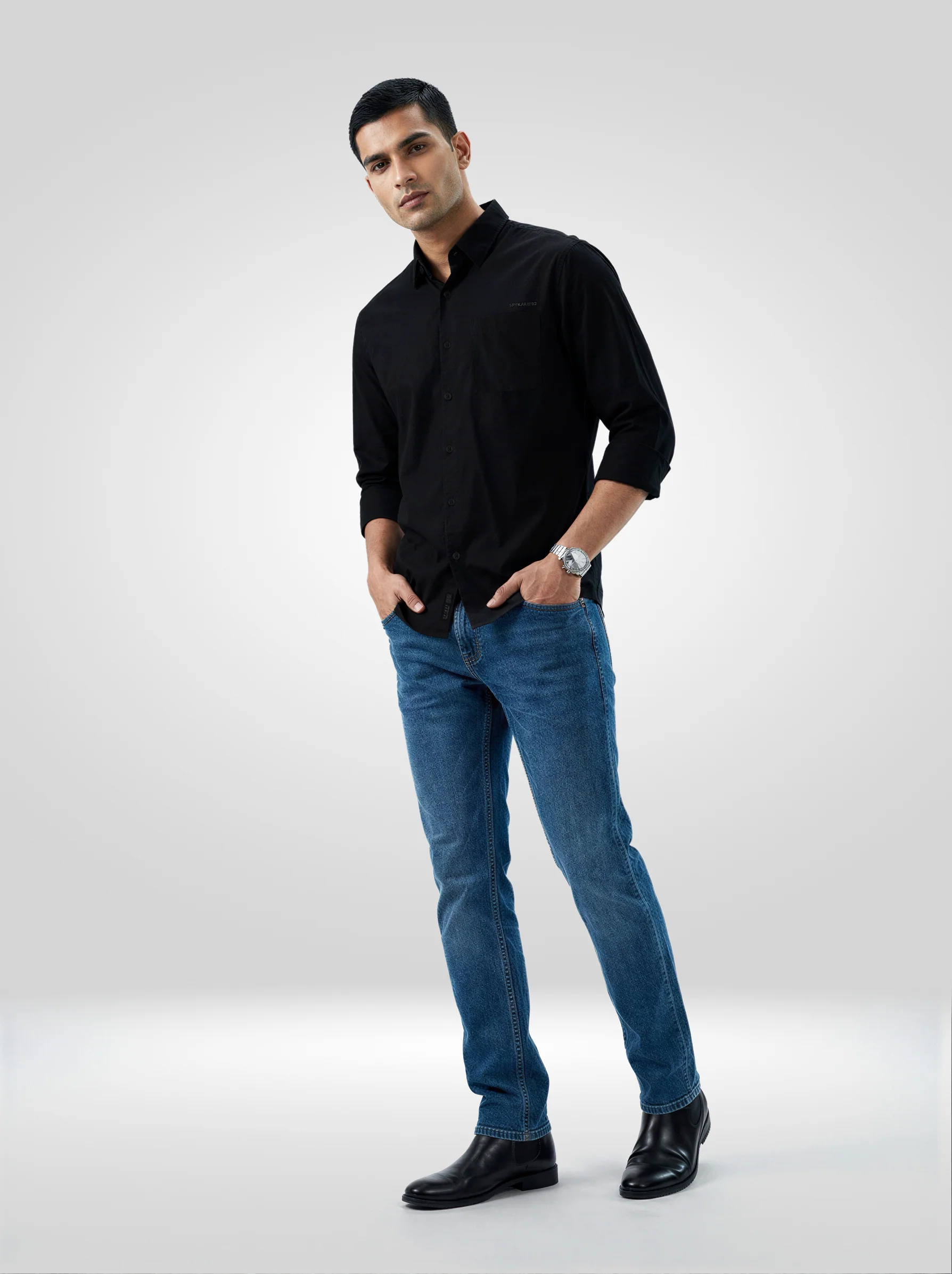Men Shirt Solid Black Regular Fit - Image 2
