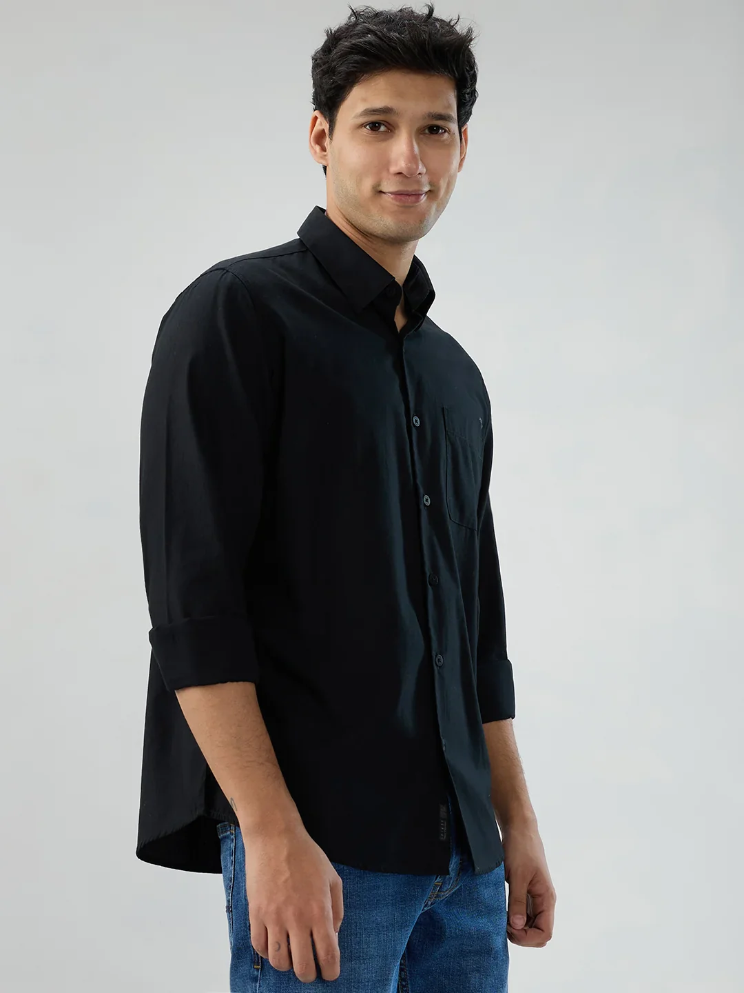 Men Shirt Solid Black Regular Fit - Image 3