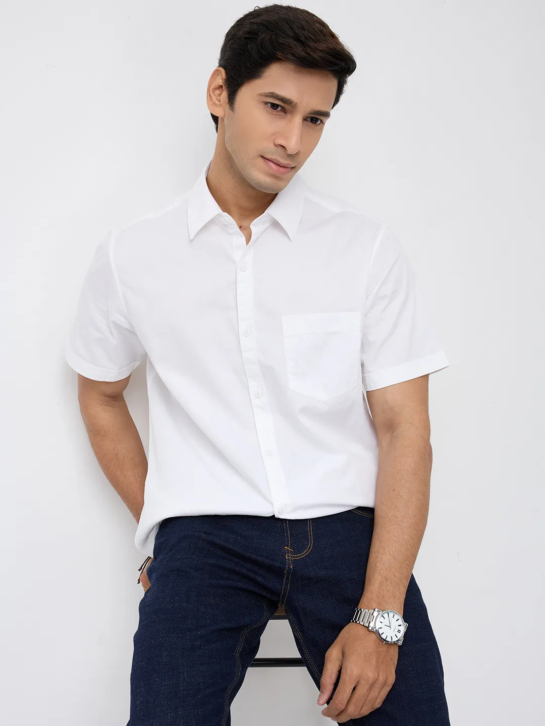 Men Shirt Solid White Regular Fit - Image 7