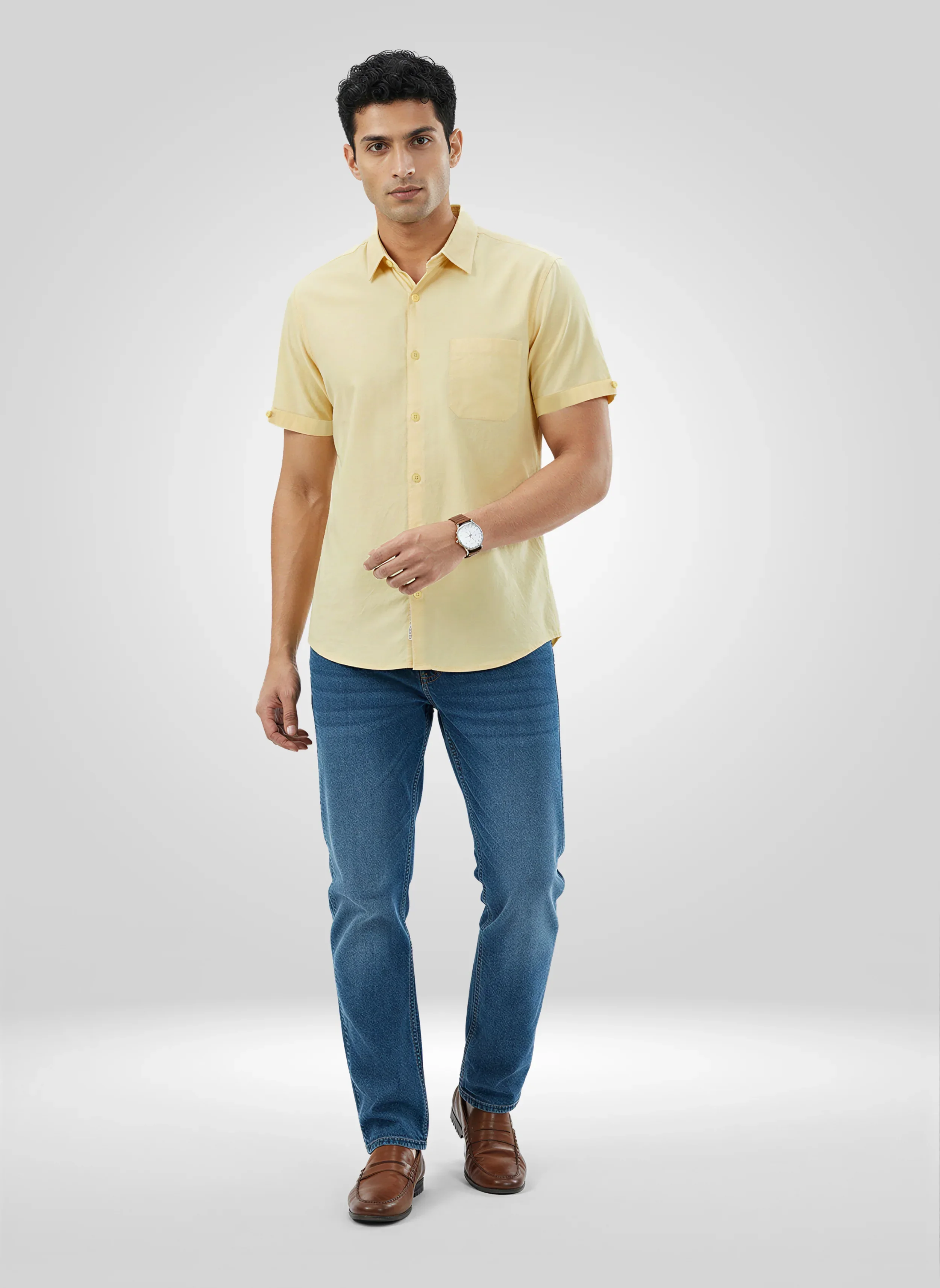 Men Shirt Solid Yellow Regular Fit - Image 2