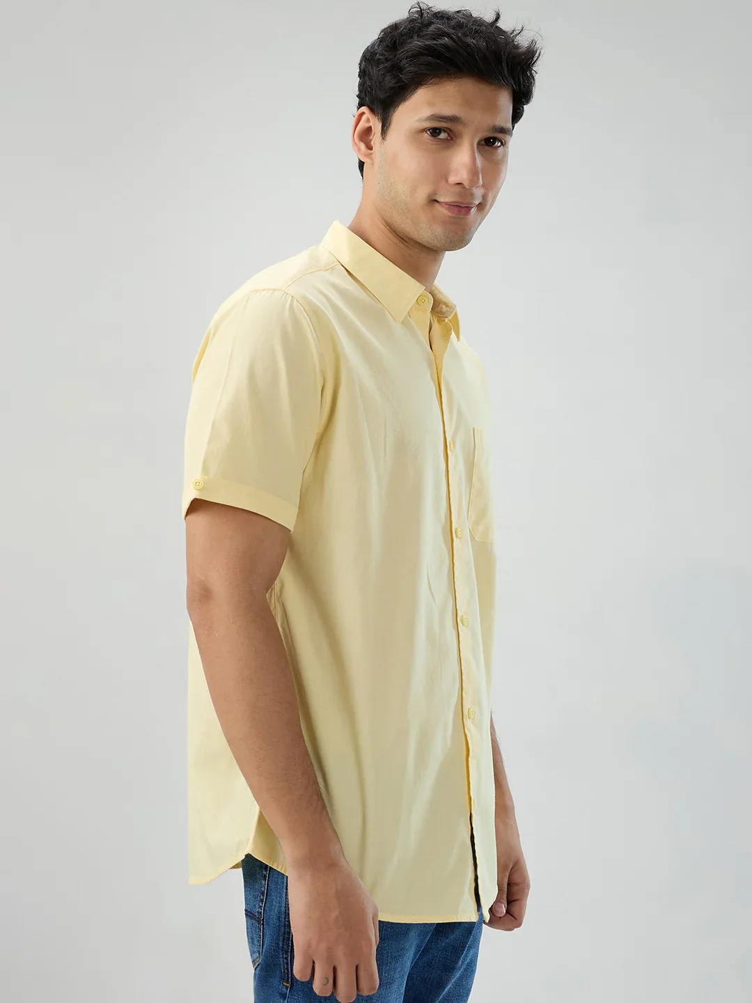 Men Shirt Solid Yellow Regular Fit - Image 3
